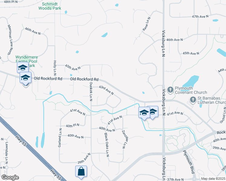 map of restaurants, bars, coffee shops, grocery stores, and more near 16420 43rd Avenue North in Minneapolis