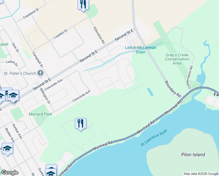 map of restaurants, bars, coffee shops, grocery stores, and more near 2140 Burke Avenue in Cornwall