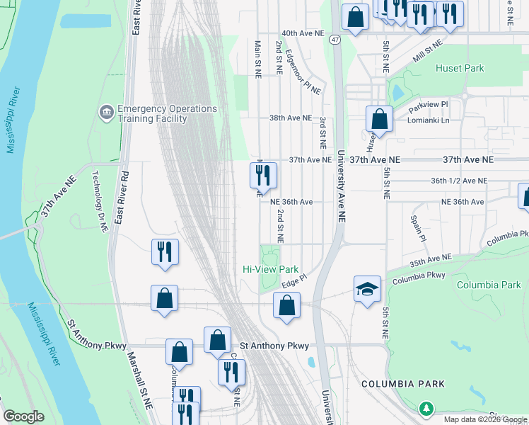 map of restaurants, bars, coffee shops, grocery stores, and more near 3543 Main Street Northeast in Minneapolis