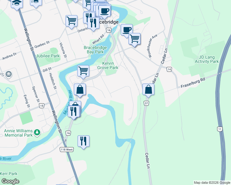 map of restaurants, bars, coffee shops, grocery stores, and more near 14 Milton Street in Bracebridge