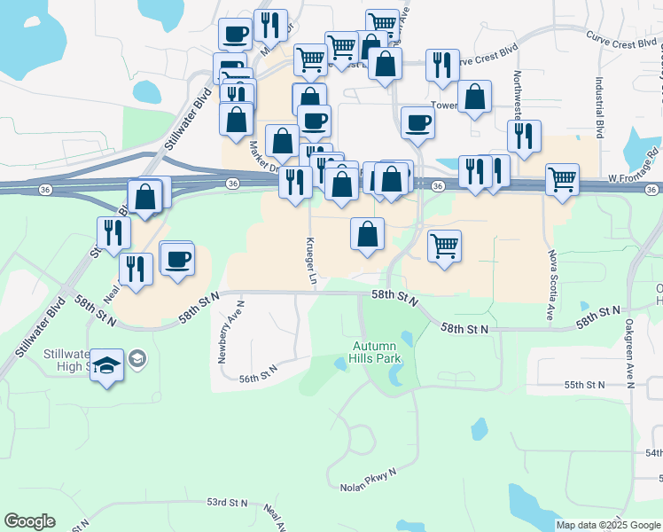 map of restaurants, bars, coffee shops, grocery stores, and more near 5805 Krueger Lane in Oak Park Heights