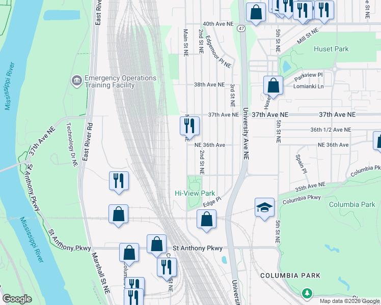 map of restaurants, bars, coffee shops, grocery stores, and more near 3543 Main Street Northeast in Minneapolis