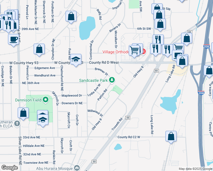 map of restaurants, bars, coffee shops, grocery stores, and more near 3041 Patton Road in Roseville