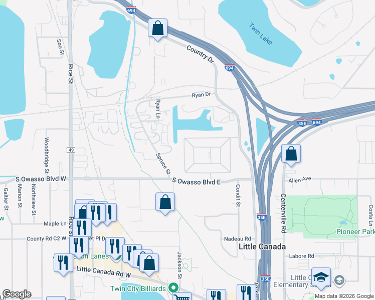 map of restaurants, bars, coffee shops, grocery stores, and more near 49-57 Little Circle Drive in Little Canada