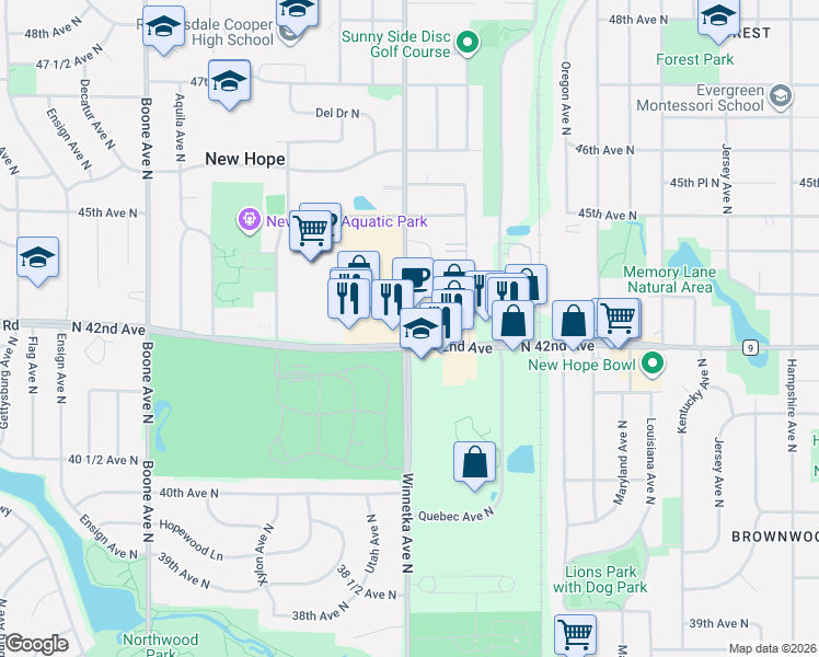 map of restaurants, bars, coffee shops, grocery stores, and more near 7898 N 42nd Ave in New Hope
