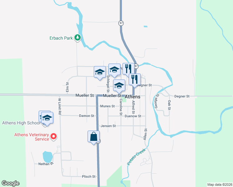 map of restaurants, bars, coffee shops, grocery stores, and more near 304 Mueller Street in Athens