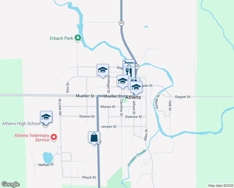 map of restaurants, bars, coffee shops, grocery stores, and more near 304 Mueller Street in Athens