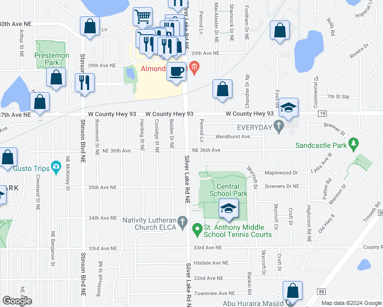 map of restaurants, bars, coffee shops, grocery stores, and more near 3000 Northeast 36th Avenue in Minneapolis