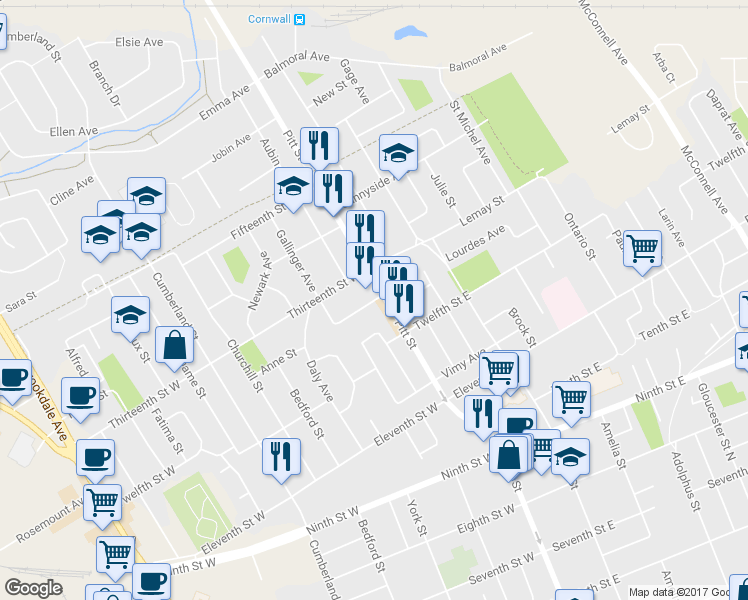 map of restaurants, bars, coffee shops, grocery stores, and more near 6 Crescent View Drive in Cornwall