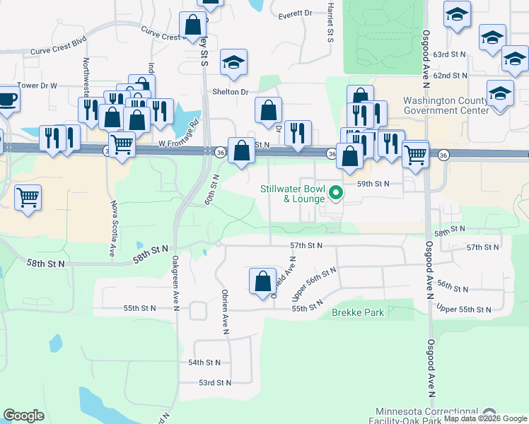 map of restaurants, bars, coffee shops, grocery stores, and more near 5826 Oldfield Avenue North in Stillwater