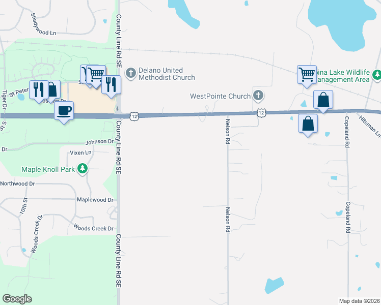 map of restaurants, bars, coffee shops, grocery stores, and more near 9285 U S Highway No 12 in Delano