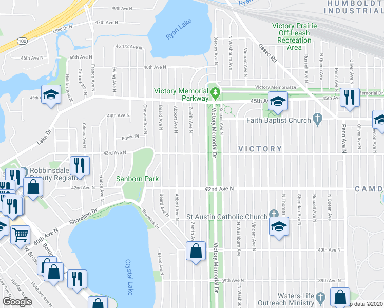 map of restaurants, bars, coffee shops, grocery stores, and more near N 43rd Ave & Zenith Ave N in Robbinsdale