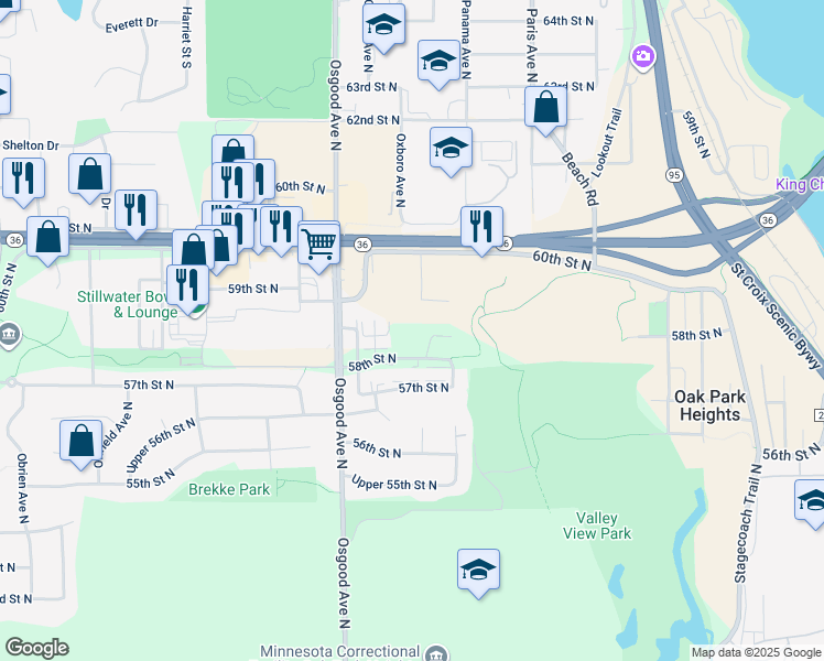 map of restaurants, bars, coffee shops, grocery stores, and more near 14830 58th Street in Oak Park Heights
