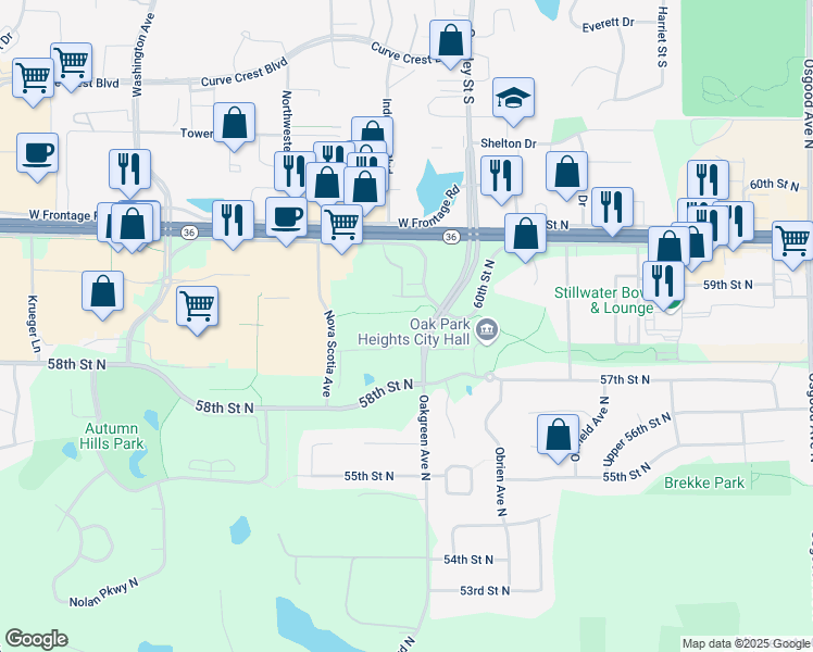 map of restaurants, bars, coffee shops, grocery stores, and more near 5770 Oakgreen Avenue North in Stillwater