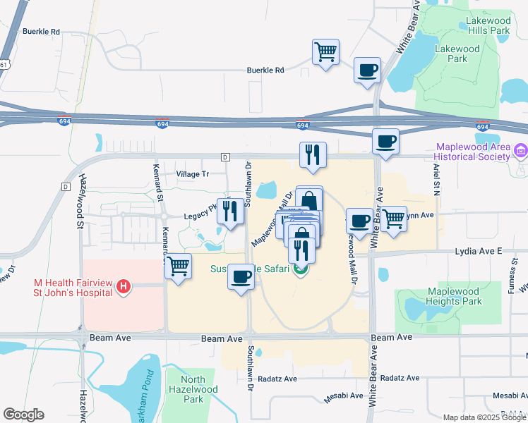 map of restaurants, bars, coffee shops, grocery stores, and more near 3030 Southlawn Drive in Maplewood