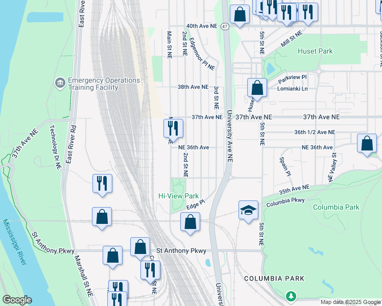 map of restaurants, bars, coffee shops, grocery stores, and more near 3534 2 1/2 Street Northeast in Minneapolis