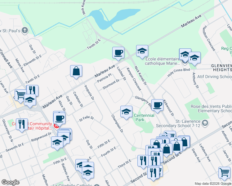 map of restaurants, bars, coffee shops, grocery stores, and more near 865 Chelsea Crescent in Cornwall