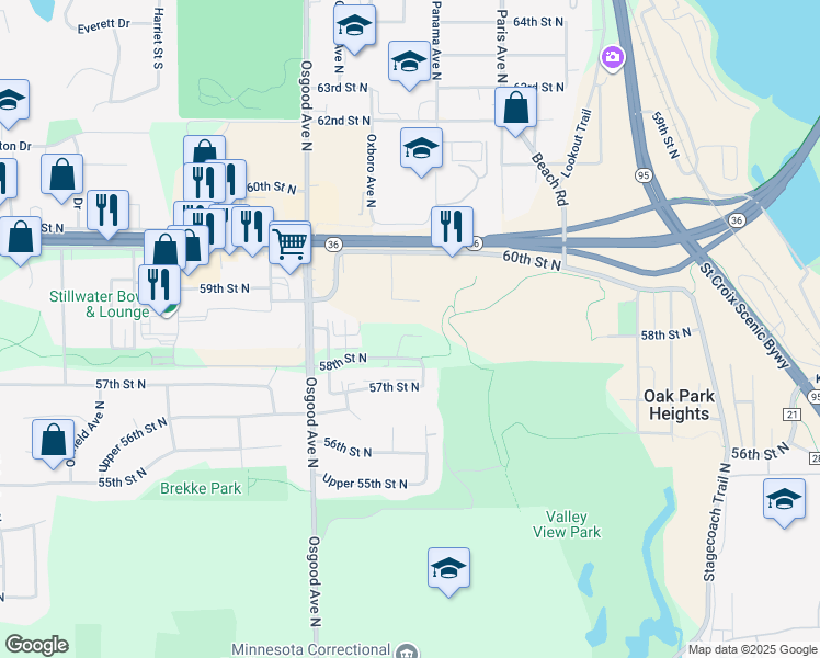map of restaurants, bars, coffee shops, grocery stores, and more near 14888 58th Street North in Oak Park Heights