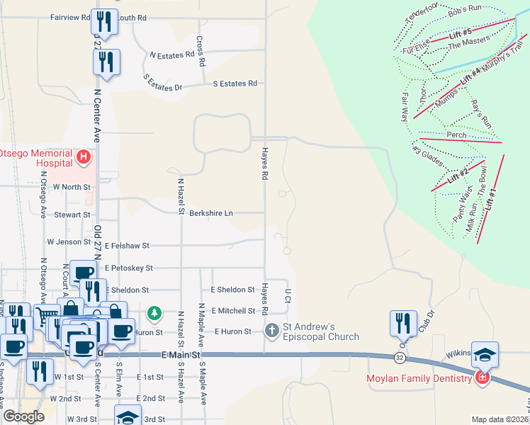 map of restaurants, bars, coffee shops, grocery stores, and more near 181 Hayes Road in Gaylord