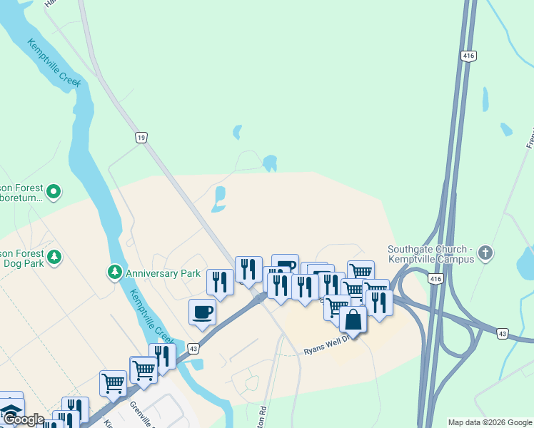 map of restaurants, bars, coffee shops, grocery stores, and more near 5881 Ottawa Regional Road 19 in Kemptville