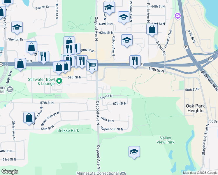 map of restaurants, bars, coffee shops, grocery stores, and more near 14830 58th Street in Oak Park Heights