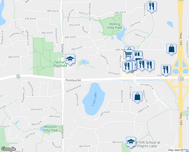map of restaurants, bars, coffee shops, grocery stores, and more near 10630 Rockford Road in Plymouth