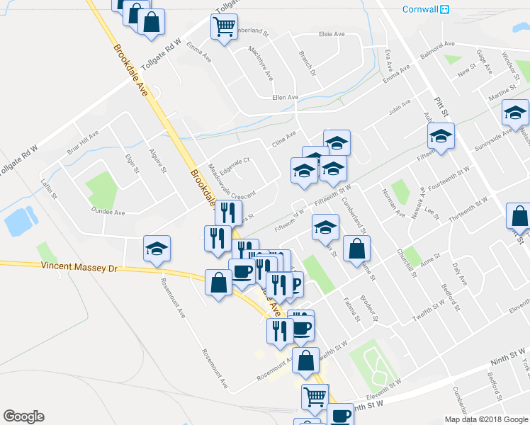 map of restaurants, bars, coffee shops, grocery stores, and more near 428 Sara Street in Cornwall