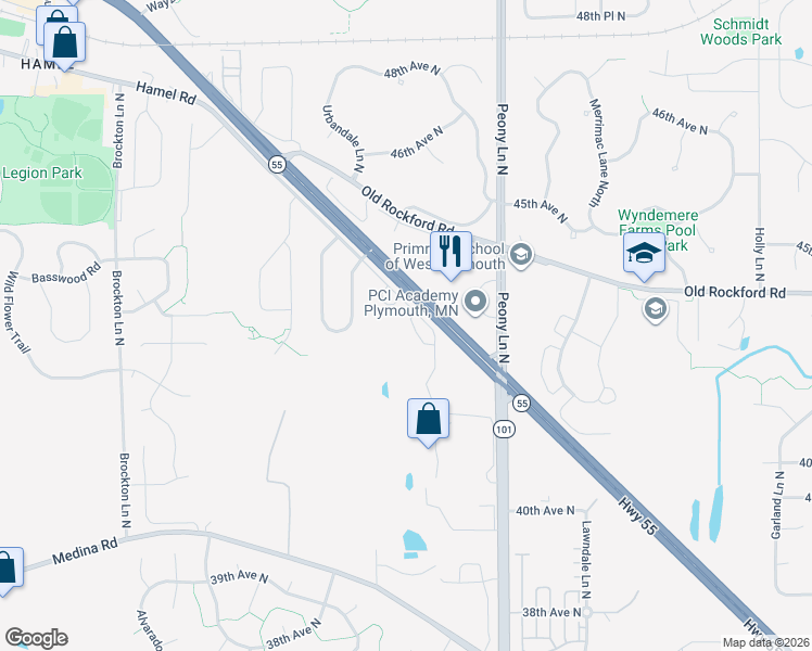 map of restaurants, bars, coffee shops, grocery stores, and more near 18147 Hamel Road in Plymouth