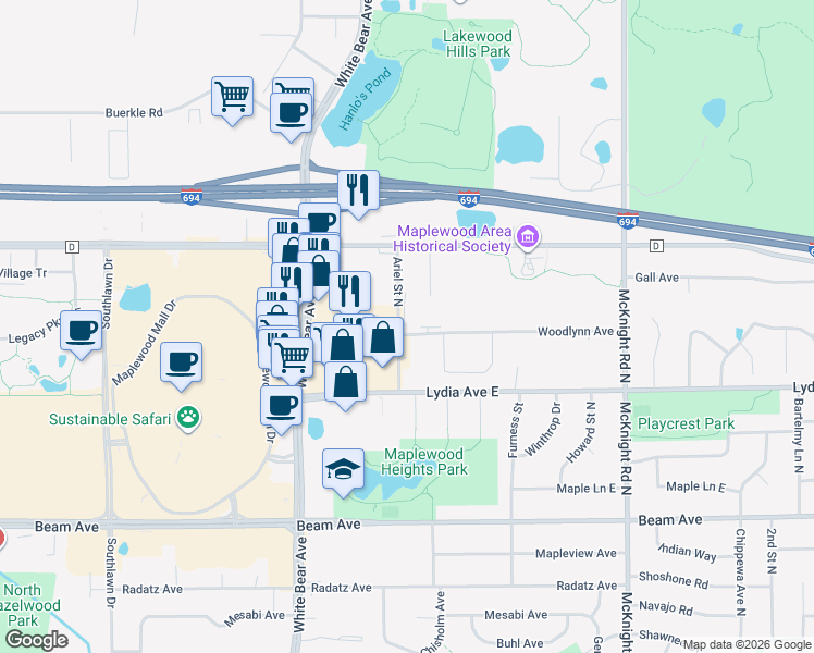 map of restaurants, bars, coffee shops, grocery stores, and more near 3100 Ariel Street North in Maplewood