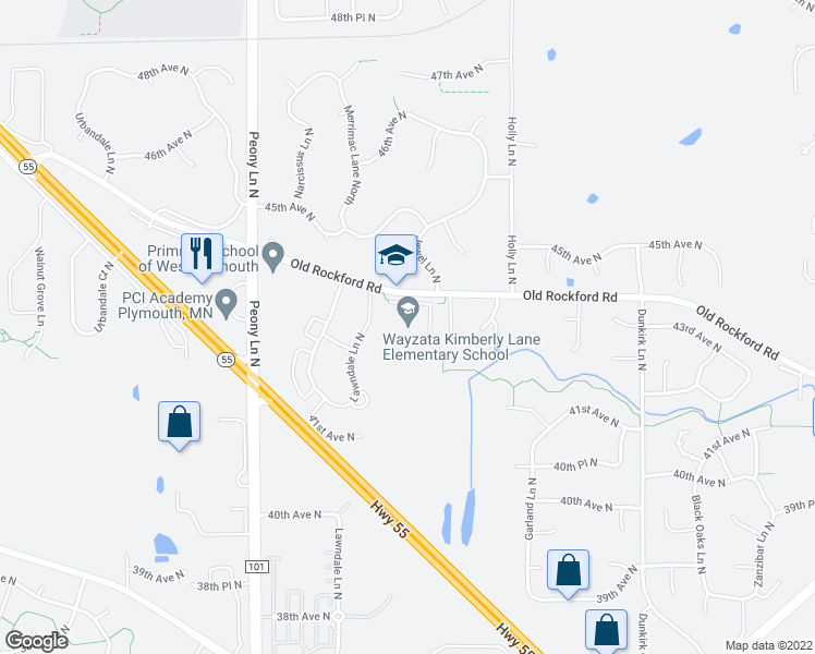 map of restaurants, bars, coffee shops, grocery stores, and more near 17405 Old Rockford Road in Plymouth