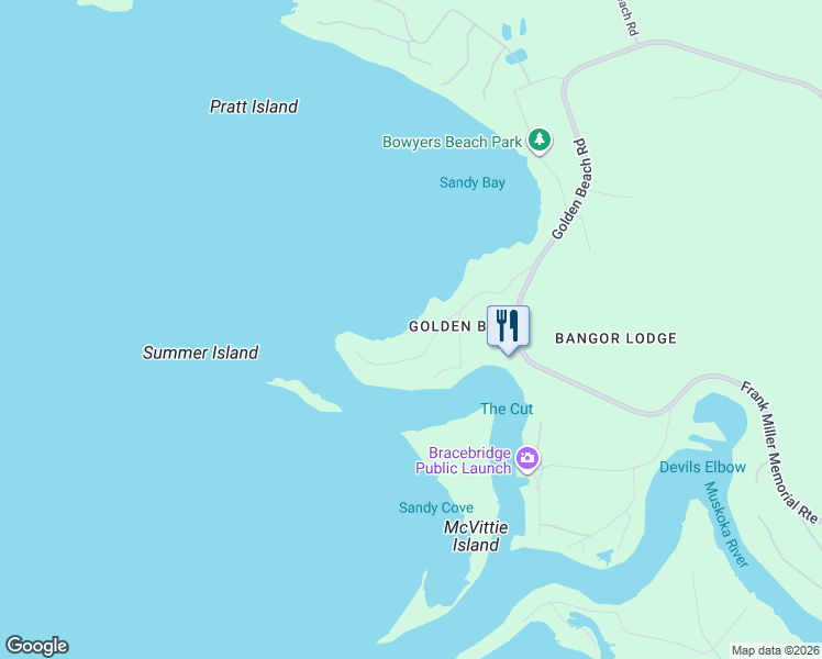 map of restaurants, bars, coffee shops, grocery stores, and more near 1058 Golden Point Road in Bracebridge