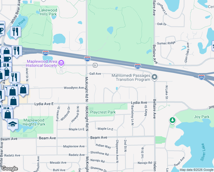 map of restaurants, bars, coffee shops, grocery stores, and more near 3023 North Lakewood Drive in Maplewood