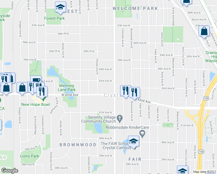 map of restaurants, bars, coffee shops, grocery stores, and more near 6402 North 42nd Avenue in Crystal