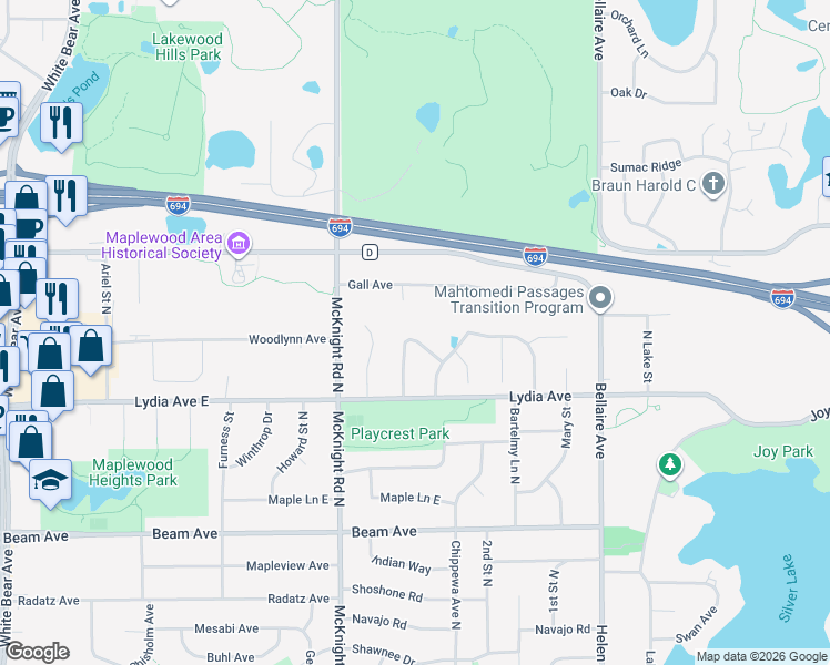 map of restaurants, bars, coffee shops, grocery stores, and more near 3023 North Lakewood Drive in Maplewood