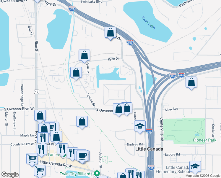 map of restaurants, bars, coffee shops, grocery stores, and more near 49-57 Little Circle Drive in Little Canada