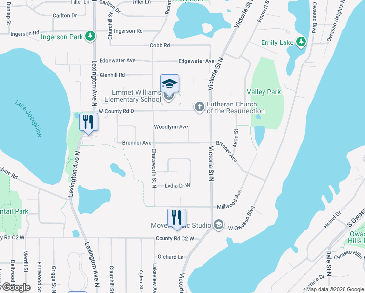 map of restaurants, bars, coffee shops, grocery stores, and more near 955 Lydia Drive West in Saint Paul