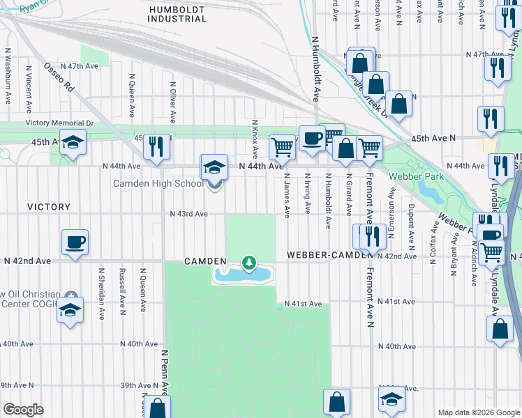 map of restaurants, bars, coffee shops, grocery stores, and more near 4238 North Logan Avenue in Minneapolis