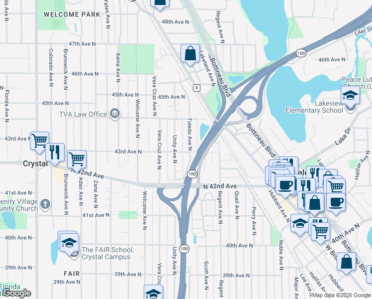 map of restaurants, bars, coffee shops, grocery stores, and more near 4259 Toledo Avenue North in Minneapolis