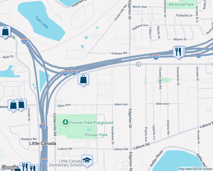 map of restaurants, bars, coffee shops, grocery stores, and more near 3007-3199 Vanderbie Street in Little Canada