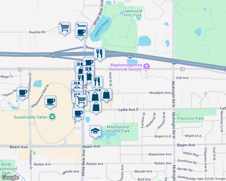 map of restaurants, bars, coffee shops, grocery stores, and more near 3100 Ariel Street in Maplewood