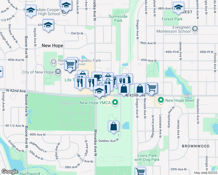 map of restaurants, bars, coffee shops, grocery stores, and more near 7700 County Road 9 in New Hope