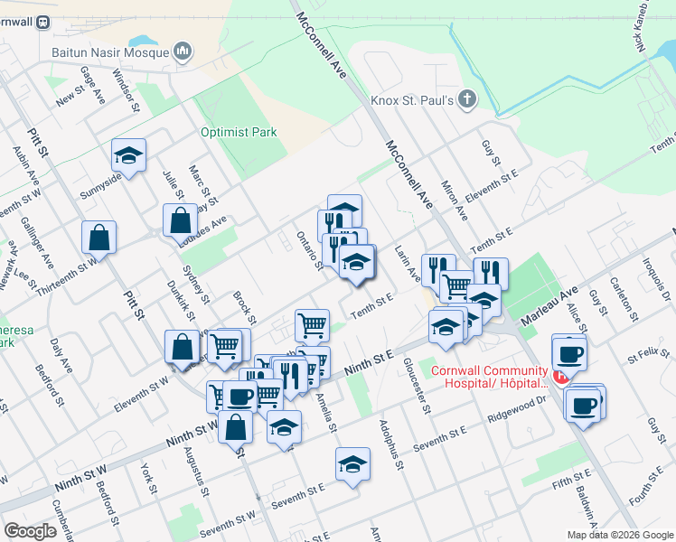 map of restaurants, bars, coffee shops, grocery stores, and more near 371 Eleventh Street East in Cornwall