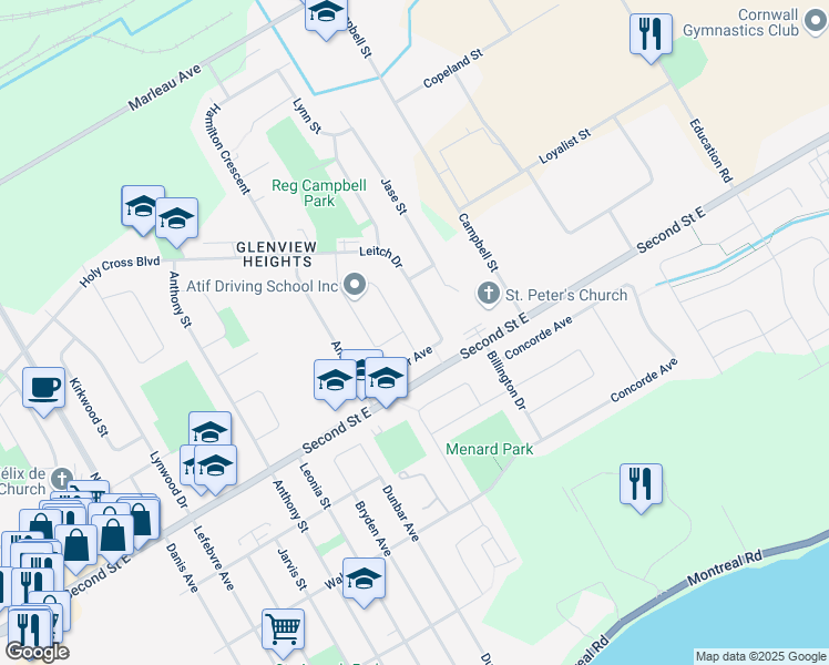 map of restaurants, bars, coffee shops, grocery stores, and more near 406 Beach Avenue in Cornwall
