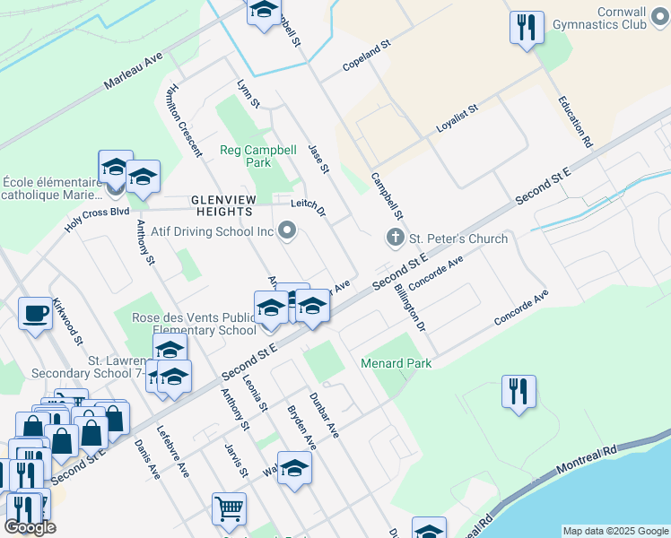 map of restaurants, bars, coffee shops, grocery stores, and more near 406 Beach Avenue in Cornwall