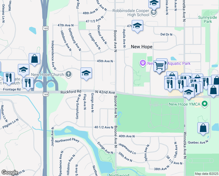 map of restaurants, bars, coffee shops, grocery stores, and more near 8640 42nd Avenue North in Minneapolis