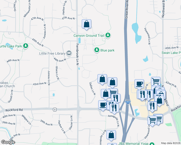 map of restaurants, bars, coffee shops, grocery stores, and more near 14214 43rd Avenue North in Plymouth