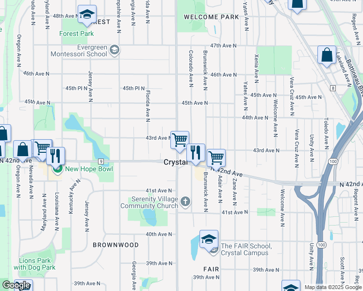 map of restaurants, bars, coffee shops, grocery stores, and more near 4336 Douglas Drive N in Crystal