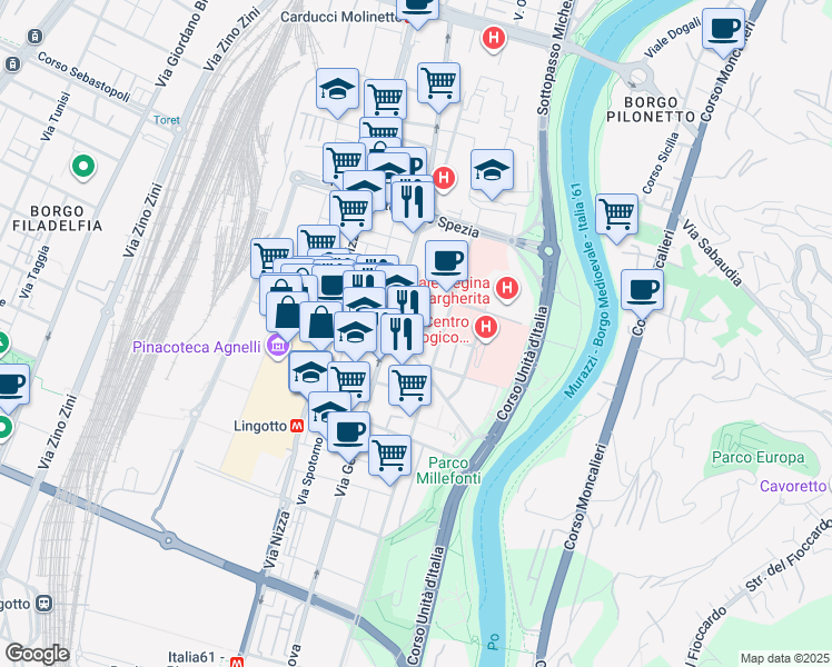 map of restaurants, bars, coffee shops, grocery stores, and more near 25 Via Casimiro Sperino in Torino
