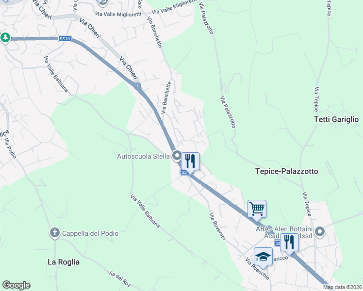 map of restaurants, bars, coffee shops, grocery stores, and more near 1 Via Tetto Nuovo in Pino Torinese