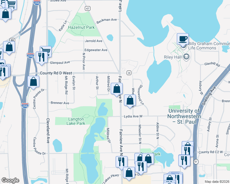 map of restaurants, bars, coffee shops, grocery stores, and more near 3084 Mildred Drive in Roseville